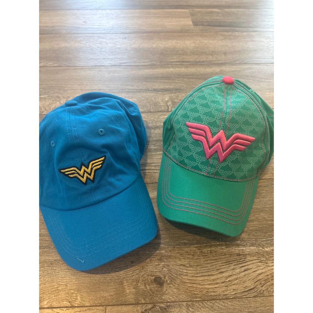 Six Flags Wonder Woman Baseball Cap Bundle Blue Green Pink Logo Hats Set of 2